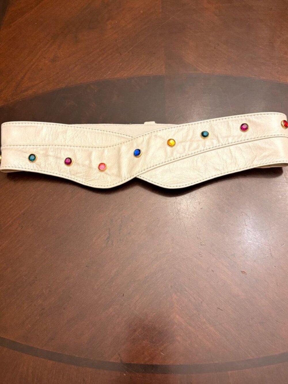 Vintage Isabel U.S.A. Off-White Leather Jeweled Crossover Waist Belt